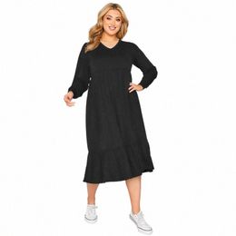 plus Size Elegant Spring Autumn Smock Dr Lg Sleeve Casual Loose Tiered Dr V-neck Large Size Fit Flare Midi Dr 5XL 6XL w0Za#