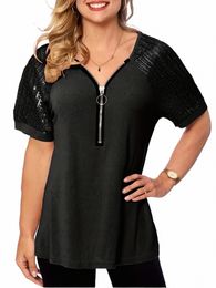 plus Size V-Neck Zipper Short Sleeve Beaded Patch Tee O91K#