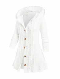 rosegal Plus Size Hooded Fuzzy Trim Cable Knit Cardigan White Autumn Winter Lg Sweater Coat For Women v1Wg#