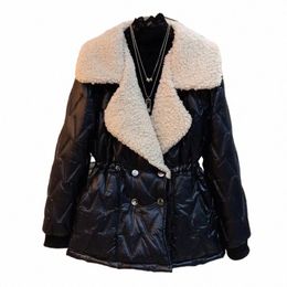 2023 New Women Cott Coat Winter Jacket Female Slim Waist Parkas Butt Pocket Outwear Large Size Lamb Fur Lapel Overcoat 031i#
