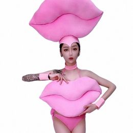 new Stage Costume Women Pink Big Lips Bikini Set Nightclub Pole Dance Clothing Rave Outfit Jazz Performance Female Wears 49YX#