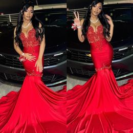 Sexy red mermaid Prom Dress for black girl beads Sequins sweetheart Evening Dresses sweep train Formal Long Special Occasion Party dress