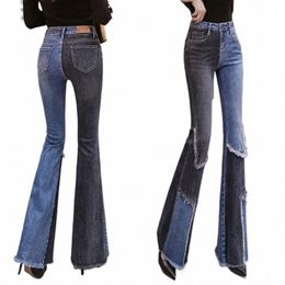 vintage Ctrast Patchwork Flared Jeans Ladies Stretch High Waist Skinny Boot-Cut Trousers Mujer Fi Denim Pants For Women D8sB#