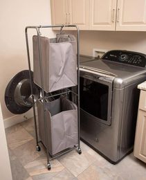 Laundry Bags Rolling 2-Tier Vertical Hamper Sorter Grey Cart With Double Basket Sections Four Wheels Hanging Clothing