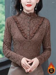 Women's Blouses 2024 Autumn/Winter Lace Bottom Shirt For Women With Velvet Thickening Slim Fit Versatile Plush Blouse Tops Z4286