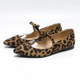 Sexy Shallow Mouth Pointed Toe Flat Ballet Dance Shoes Mary Jane Leopard Bow Shallow Mouth Single Shoes for Women 240314