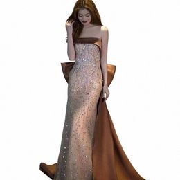 luxury Sequin Mermaid Evening Dres With Satin Train Sexy Strapl Backl Floor-Length Lg Prom Gowns 2024 t8nI#