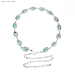 Waist Chain Belts Womens metal turquoise inlaid waist chain fashionable and elegant dress accessory strap Y240329