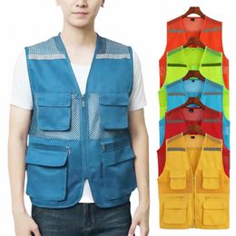 men Waistcoat Reflective Stripes Breathable Sleevel Multi Pockets Zipper Mesh Director Fishing Cam Vest Workshop Uniforms 51gr#