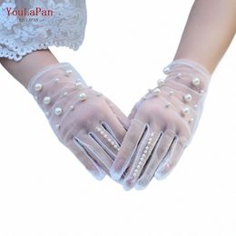 youlapan M05 1pc Short Bridal Gloves White Gauze Thin Lace Fingered Gloves with Beaded Handmade Women Girl Wedding Accories P3TU#