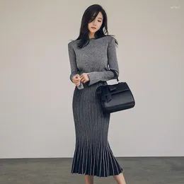 Work Dresses 2 Piece Set Autumn Women Suit Grey Purple Knitted Full Sleeve O Neck Top And Mermaid Midi Skirt Two Elegant Vestidos