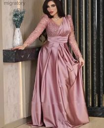 Urban Sexy Dresses Elegant Pink Satin Sequin Evening V-Neck A-Line Long Sleeves Arabic Backless Prom Wedding Party Gown Vestidos De Gala yq240329