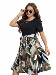 Plus Size Cut Out Girocollo Dr Patchwork A-Line Color Block Maniche corte Abito da donna Cintura con coulisse Estate Sundr r9Xc #