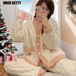 Home Clothing Winter Fleece Velvet 2 Pieces Suit Sleep Fluffy Korean Piiama Warm Night Wear Print Sleepwear Women Pyjamas Set Versatile