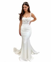white Mermaid Wedding Dr Square Collar Lace Appliques For Women Satin Robe De Mariee Floor Length Bridal Gowns Sweep Train q7sH#