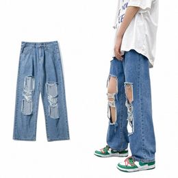 spring/summer Men's Big Ripped Blue Jeans Korean Fi Streetwear Denim Straight Ankle-Length Pants Male Brand 00tw#