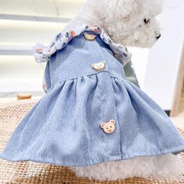 Dog Apparel Puppy Clothes Bear Buttons Floral Student Dress Fit Small Pet Cat All Seasons Cute Costume Dresses