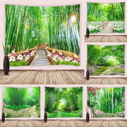 Tapestries Green Nature Bamboo Forest Tapestry Wall Hanging Fabric 3D Garden Flowers Scenery For Bedroom Living Room Dorm Decor