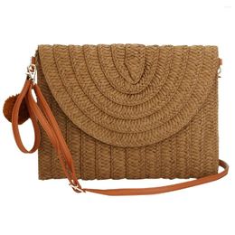 Shoulder Bags Straw Handmade Woven Bag 2024 Fashion Girl Summer Beach Totes With Fur Ball Khaki Casual Rattan Weave Clutch