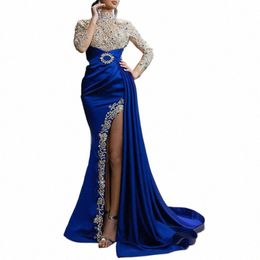 2022 Autumn New Elegant Party Dres Women Blue Gold-Sprinkled Split Stitching Half-turtleneck Evening Dr Sequin Dr 963e#