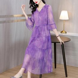 Casual Dresses Long Dress Women Summer 2024 Office Lady French Korea Style Flounced Silk Loose Solid Floral Print