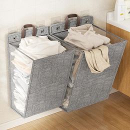 Laundry Bags Foldable Adhesive Basket Dirty Clothes Wall Mounted Storage Punch Free Mesh Organiser