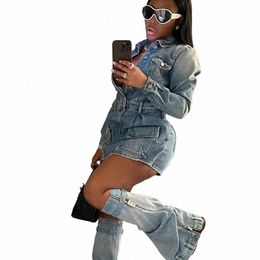 fagadoer Fi Butt Lg Sleeve Denim Mini Dr Women Turndown Collar Pocket with Leg Cover Clothing Female Cowboy Vestidos w3qU#