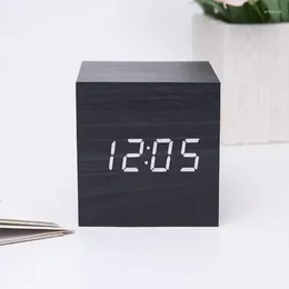 Table Clocks Electronic Luminous Decoration Multifunction Bedroom Control Desktop Wooden Digital Powered Square Clock LED Voice