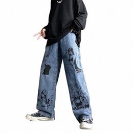 2021 Japan Carto Anime Girl Graffiti Harajuku Men Baggy Jeans Trousers Y2K Straight Women Wide Vintage Denim Pants Oversize g02a#