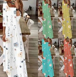 Casual Dresses 2024 Women's Flower Print Robe Long Dress Oversized Holiday Beach Female Square Neck Straight Woman