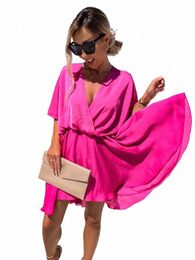 jastie Boho Ladies Sexy V Neck Solid Mini Dr Women Elegant Half Sleeve Satin Loose Mini Dres 2023 Summer Casual Vestidos N3x2#