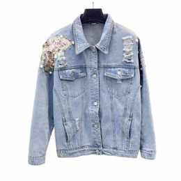 sequin Graphic Denim Jacket for Women Blue with Print Woman Jean Coat Spring Autumn Beads Rhinestes Outerwear Diamds Luxury 13yH#