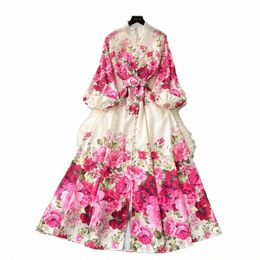 elegant Gorgeous Floral Bohemian Dr Spring Women Stand Lg Lantern Sleeve Floral Print Belt Linen Lg Vestidos Clothes 6235 t4HE#