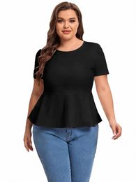 plus Size Short Sleeve Elegant Summer Peplum Tops Women Keyhole Back Casual Ruffle T-shirt Tee Plus Size Clothing Women 6XL 7XL J6Hp#