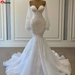 Elegant White Mermaid Wedding Dresses Bridal Gowns Beads Lace Applique Nigerian Arabic Marriage Dress Robe De Mariee Bfg