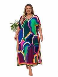 bohemian Printed Plus Size Kaftan Lg Dr For Women 2024 Summer Sexy V Neck Batwing Sleeve Oversize Robe Maxi Dres Q1594 q9Bt#