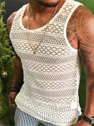 Fashion Solid Vest For Men Summer Sexy Hollow Out Lace Tank Top Casual O-Neck Sleeveless Tops Pullover Mens Streetwear 240321