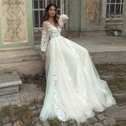 Urban Sexy Dresses Graceful 2024 Princess Boho Wedding Appliques Lace Backless Beach Bride Dress Long Puff Sleeves Plus Size Bridal Gown yq240329