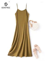 Casual Dresses Birdtree 93%Real Silk Adjustable Lengthened Sling Dress Women Loose Big Hem Lazy Solid Bottom 2024 Spring D41443QC