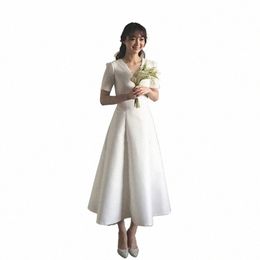 new Simple Wedding Dr Satin Tea length Short Sleeve A-line V neck Robe De Mariee Trouwjurk Vestido Noiva China p0aY#