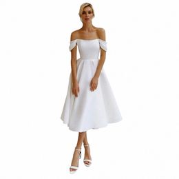 short Wedding Dr White Off Shoulder A Line Simple Wedding Gown for Women Tea Length Backl Midi Bridal Dres Satin c3Db#