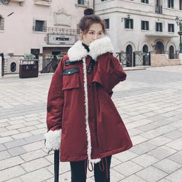 Women's Down The Red Lamb Wool Coat Mid-length Winter Korean Version Of Loose And Velvet Thick Cotton Warm