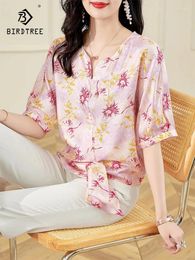 Women's Blouses Birdtree Women V-neck Half-sleeve Loose Print Temperament Commute Twill Blouse Mulberry Silk Elegant Shirt Fall T3N225QD