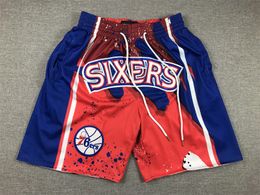 Mens''Philadelphia''76ers''Authentic shorts Basketball Retro Mesh Embroidered Casual Athletic Gym Team Shorts Red