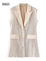 Women's Vests Sexy Notched Collar Sequined Waistcoat For Women 2024 Summer Champagne Party Sleeveless Vest Blazer Lady Clothing INKEO 4O023
