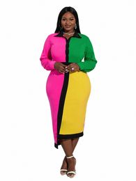 rose Patchwork Midi Dr for Women Plus Size Lg Sleeve Turn Down Collar High Waist Office Work Casual Evening Party Outfits l5Kj#