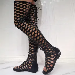 Boots Roman Shoes Black Gladiator Boots Hollow Out Summer Women Over Knee High Boots Flat Heel Sandal Back Zip Lace Up Big Size 47