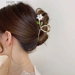 Hair Clips New Womens Elegant Gold Flower Hair Clip Barrel Crab Head with ponytail braid Headwear Y240329