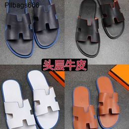 Mens Slippers Designer Sandals Top Layer Leather Mens Summer Wear Trend One Line Sandal Fashion Brand Korean Anti Slip An Ppzg