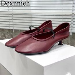 Casual Shoes Genuine Leather Women Ballet Slip On Round Toe Fine Heeled Single Comfortable Hollow Out Solid Colour Shoe
